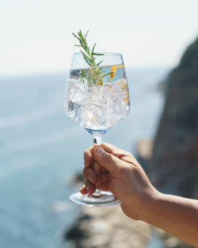 Ein Glas Gin mit Eiswürfel und Zitrone